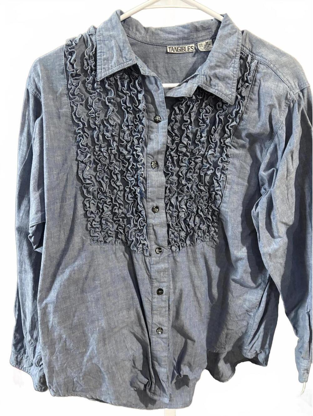 Vintage 90s Tangibles Ruffle Front Chambray Button Down Shirt